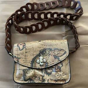Brown and Tan Crossbody Bag with Vintage Print and Braided Strap
